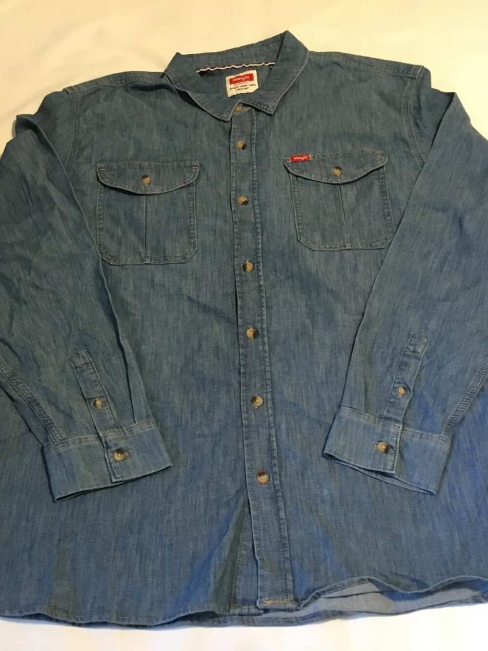 Wrangler Denim Shirt Men's Size 2XL XXL Blue Button Up Long Sleeve Chest Pockets